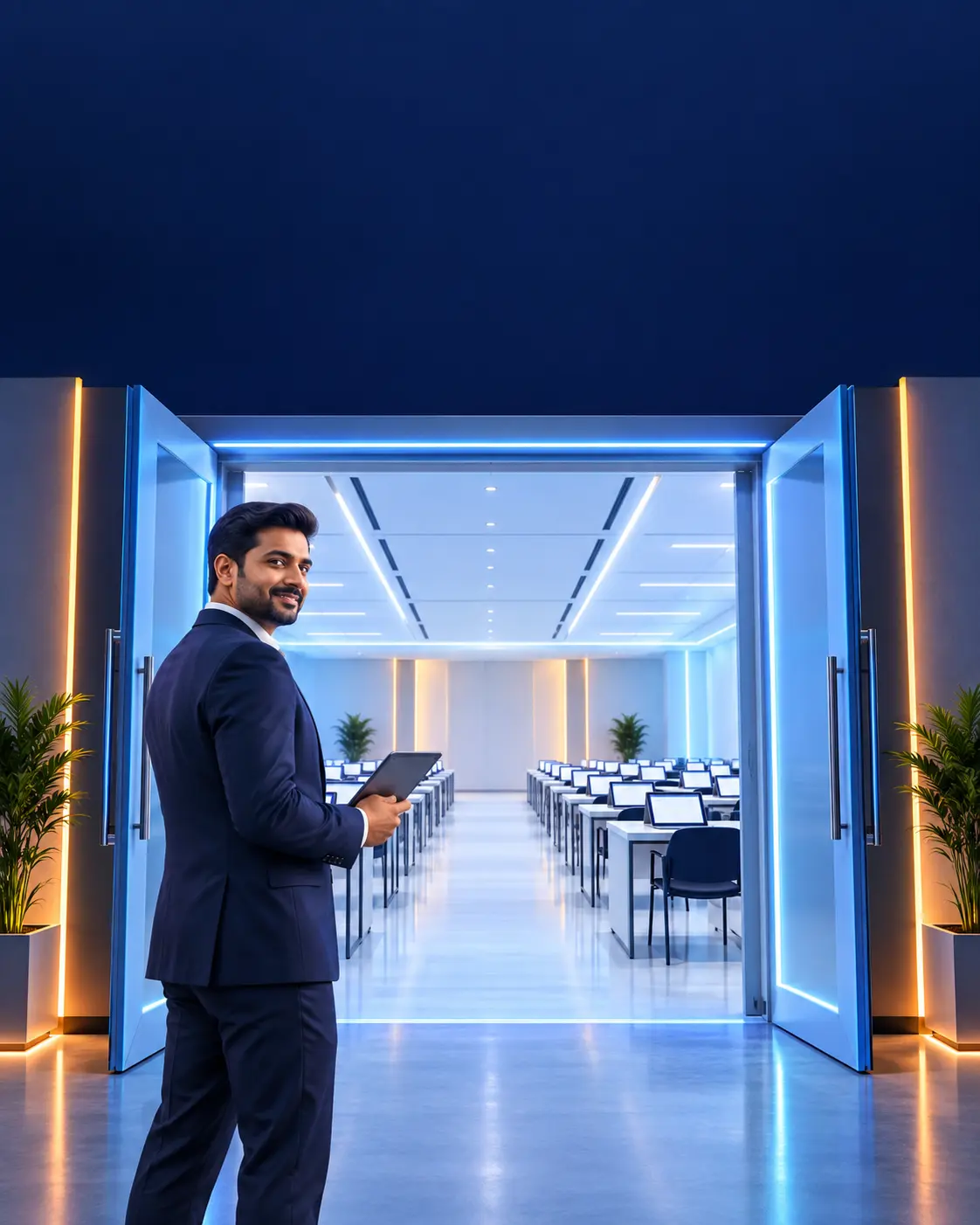 Educator entering a modern digital exam hall